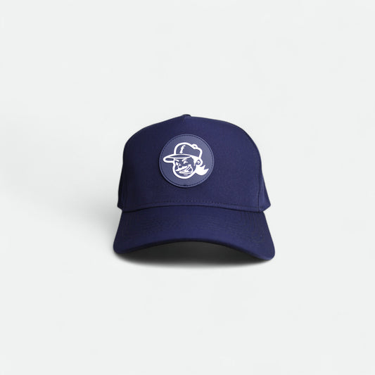 Flushed Golf Mascot golf hat in navy with silicone mascot patch, front view