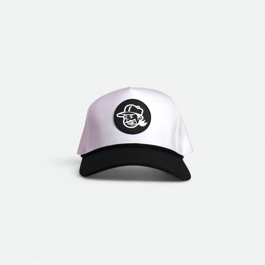 White Flushed Golf Mascot rope hat with black rope and silicone mascot patch