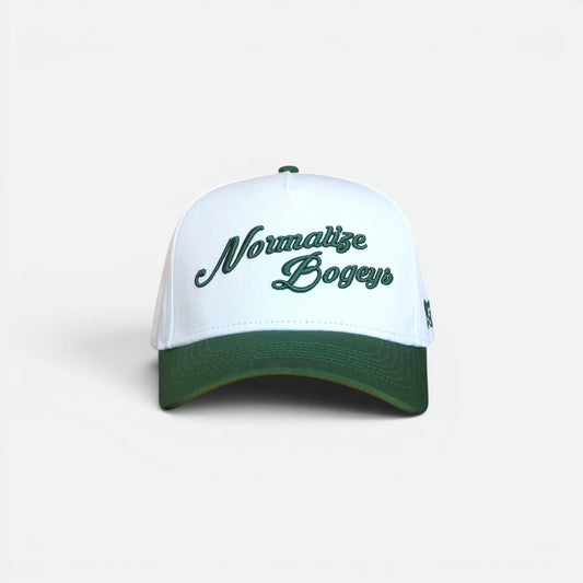 Normalize Bogeys golf hat with embroidered script and green brim by Flushed Golf