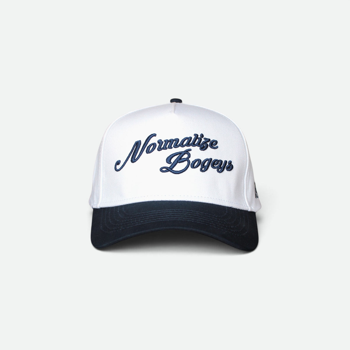 Normalize Bogeys golf hat with embroidered script and navy brim, front view