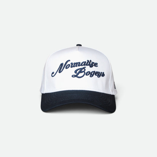 Normalize Bogeys golf hat with embroidered script and navy brim, front view