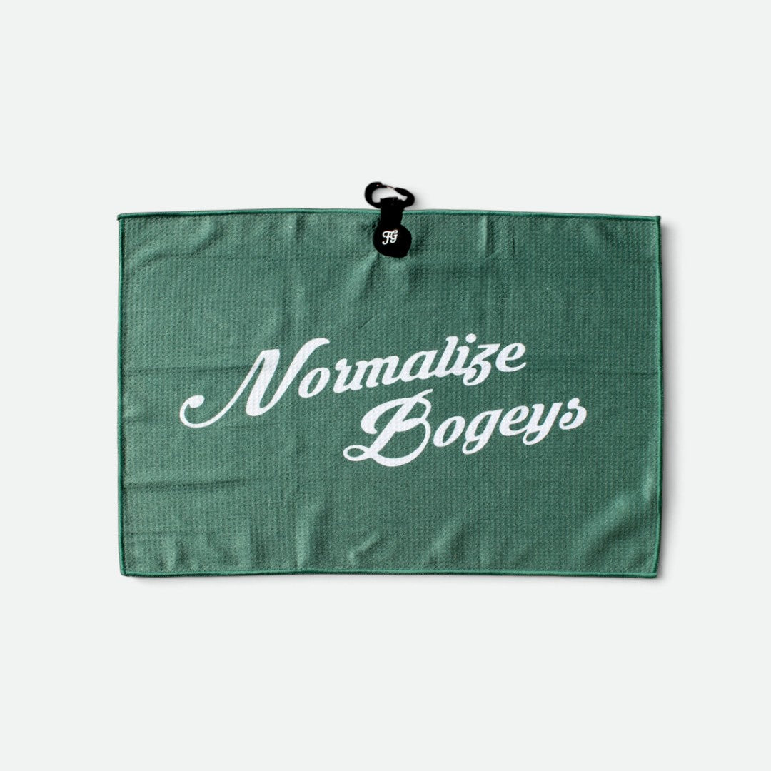 Green Normalize Bogeys waffle golf towel by Flushed Golf, front view