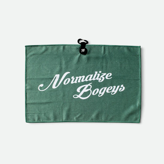 Green Normalize Bogeys waffle golf towel by Flushed Golf, front view