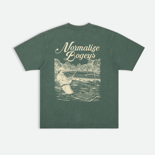 Green Normalize Bogeys heavyweight graphic tee, boxy streetwear fit