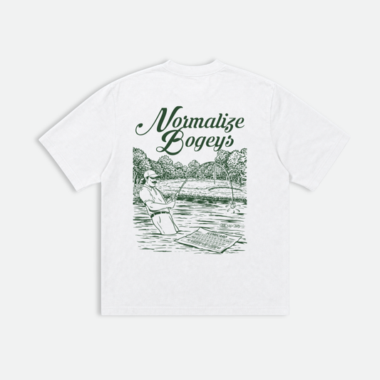 White Normalize Bogeys heavyweight graphic tee, boxy streetwear fit