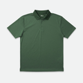 Green golf polo shirt with a cleef patterned design on a light gray background