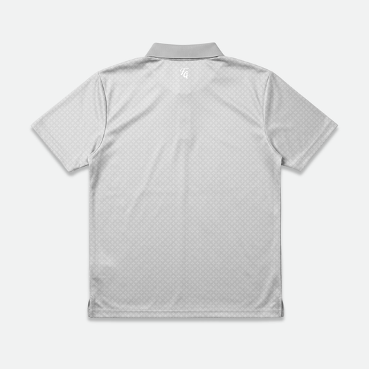 Grey patterned cleef golf polo shirt on a white background