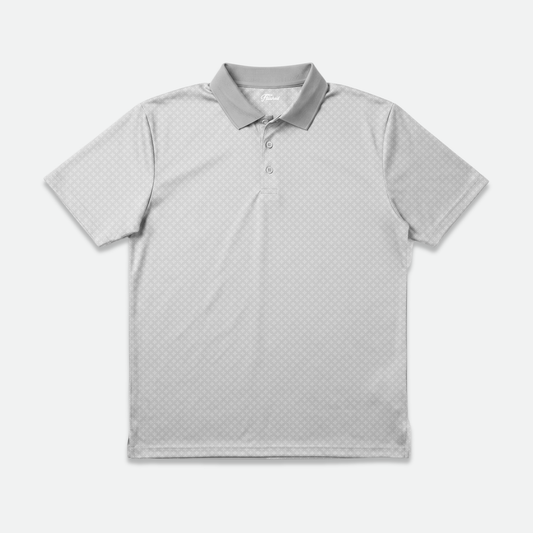 Grey patterned cleef golf polo shirt on a white background