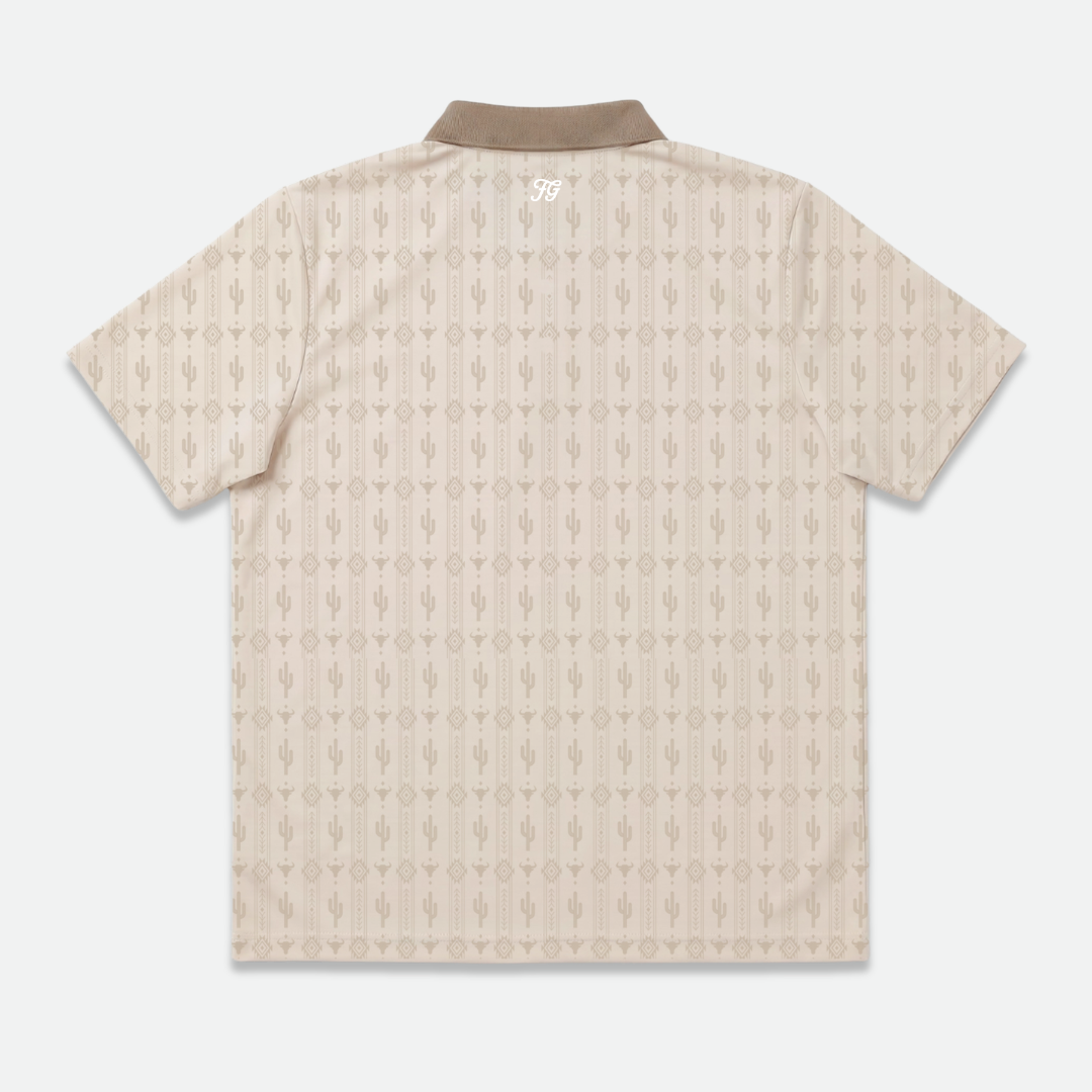 Beige patterned country cactus golf polo shirt on a white background