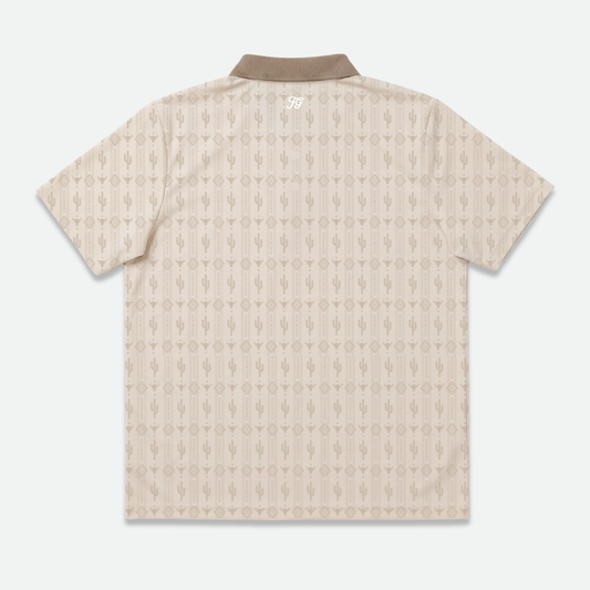 Beige patterned country cactus golf polo shirt on a white background