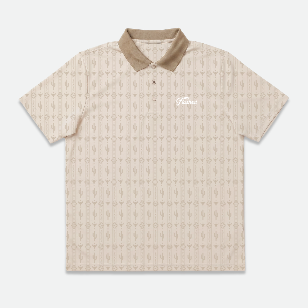 Beige patterned country cactus polo golf shirt with a brand logo on a white background