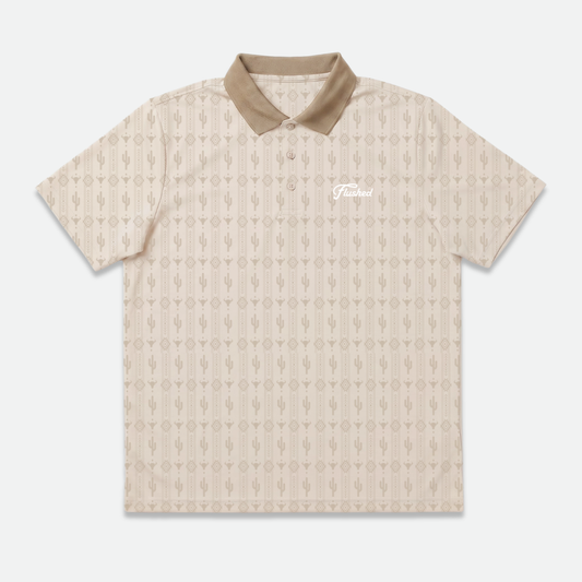 Beige patterned country cactus polo golf shirt with a brand logo on a white background