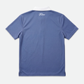 Blue polo shirt with a brand logo on the back against a white background