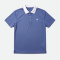 Blue polo shirt with white collar and logo on a light gray background