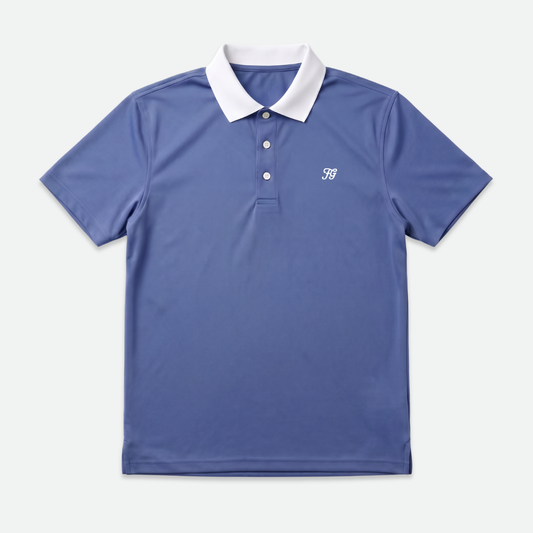 Blue polo shirt with white collar and logo on a light gray background