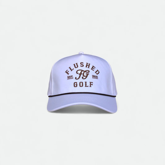 Flushed Golf rope hat in brown with embroidered logo and rope detail, front view